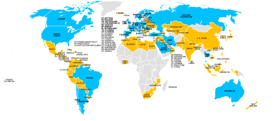 World map of countries with downloads (yellow) and registered YaTQA customers (blue)